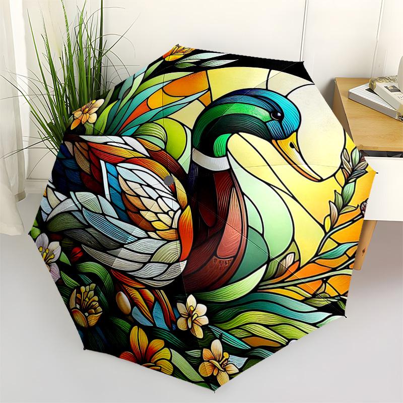 1pc Stained Glass Duck Design Automatic Opening Folding Umbrella with 8-Bone Iron Frame - Perfect for Outdoor Use, Festive Gifts, Travel, Daily Use, a