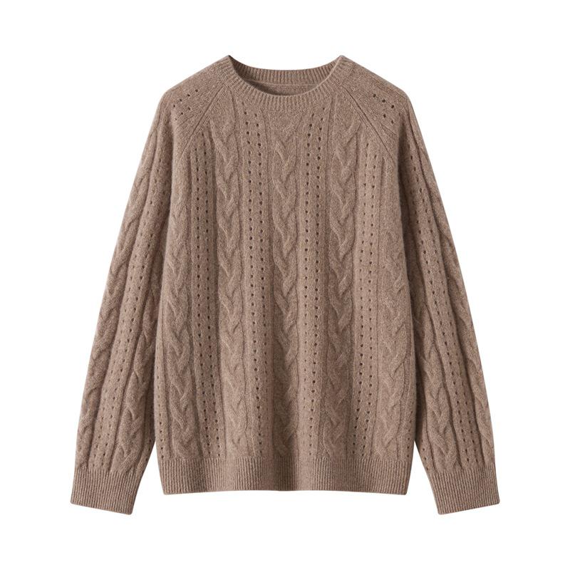 2025 Autumn/Winter Women's 100% Cashmere Round Neck Hollow Cable Knit Casual Loose Pullover Sweater