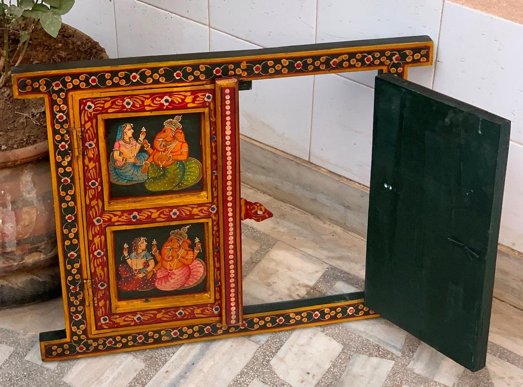 Painted Jharokha Wooden Frame: Antique Hindu God Ganesha Wall Decor