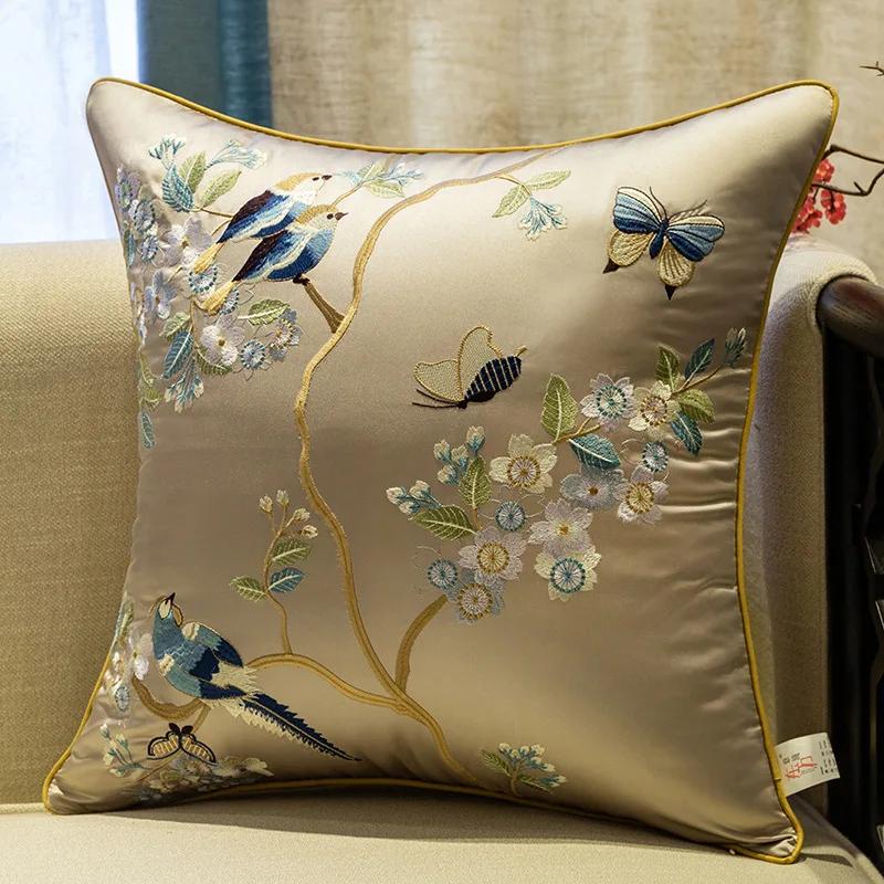 2025 Classical Bedside Backrest Waist Pillowcase Chinese Style Embroidery Pillowcase Flower Bird Living Room Sofa Cushion Cover