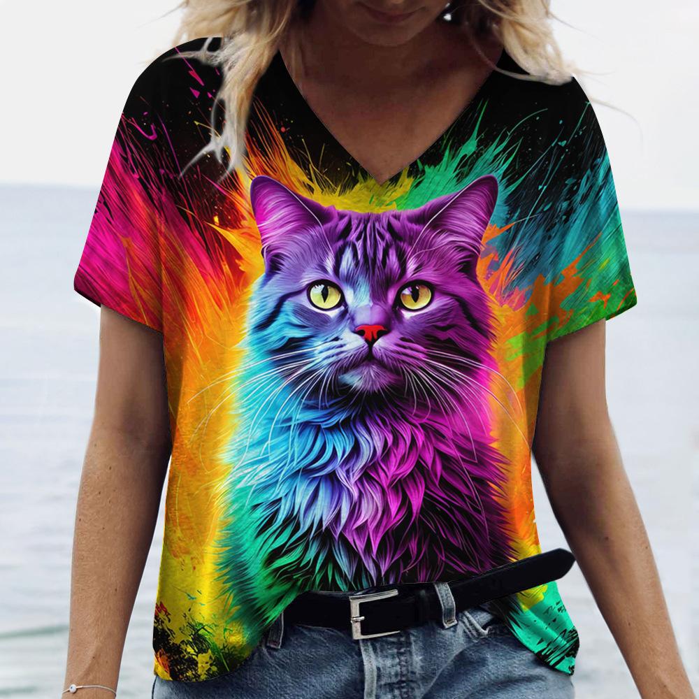 New Peacock Animal T-Shirts Cat Dog 3D Print Women V-Neck Short Sleeve T Shirt Y2K Tees Oversized Harajuku Top Female Clothing