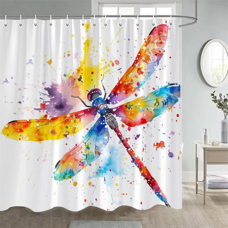 Floral Dragonfly Shower Curtains Butterfly Dandelion Purple Flowers Watercolour Art Polyester Bathroom Curtain Decor With Hooks