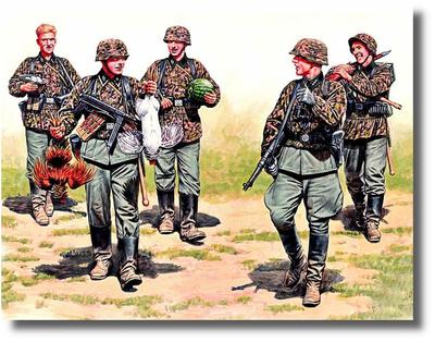 Master Box 1/35 Maßstab Deutsche Waffen-SS Infanterie (5 Figuren) Ostfront Nahrungsbeschaffung Plastikmodellbausatz MB35083