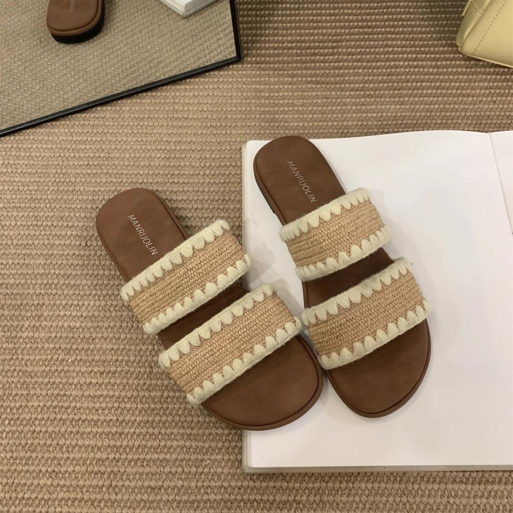 Ethnic style woven cross-strapped open-toed flat-bottomed slippers for women's summer wear Bohemian seaside vacation beach sandals