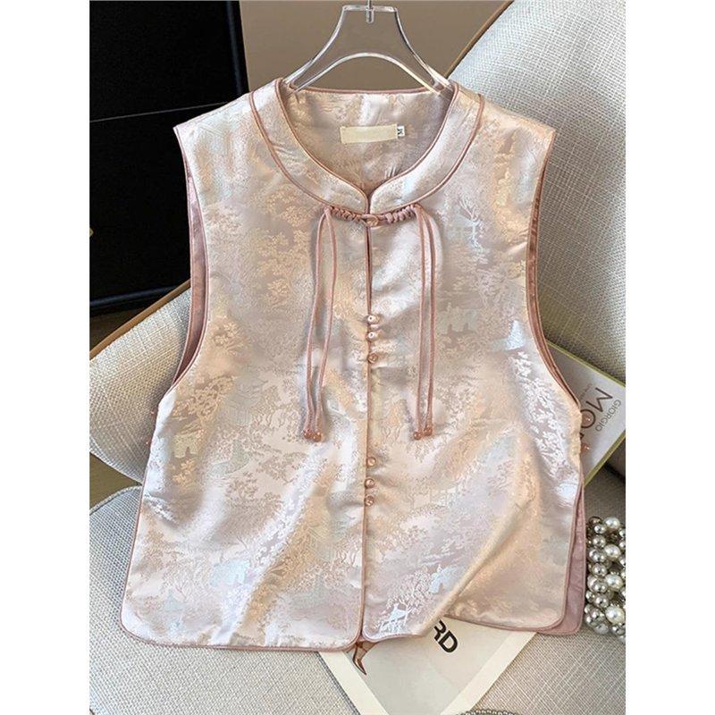 Vest Women's Spring and Autumn Improvement Guochao Disc-buckled Round Neck Jacquard Brocade Embroidered Top