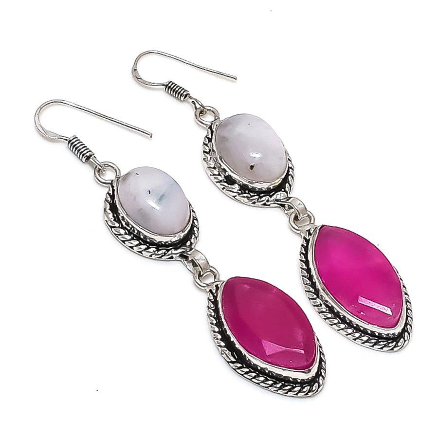 Ruby(Simulated), Moonstone 925 Sterling Silver Earring 2.76" V0v57