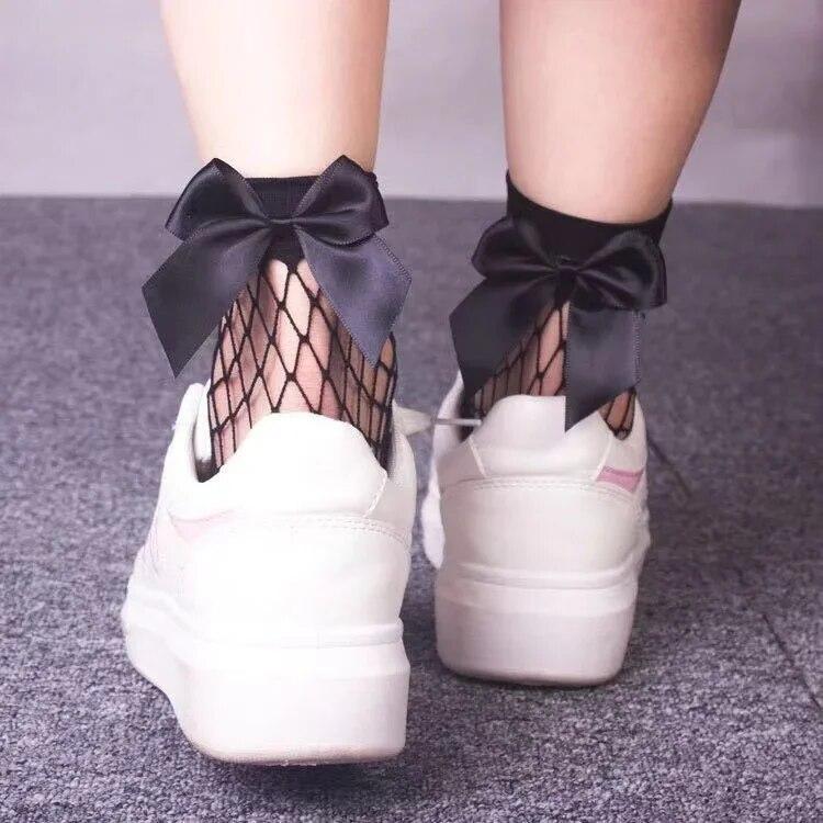 

Женские носки, сетчатые носки с бантом, ажурные высокие кружевные сетчатые носки до щиколотки, винтажные короткие модные летние носки в стиле каваи для девочек, 2024 1Pair чёрный