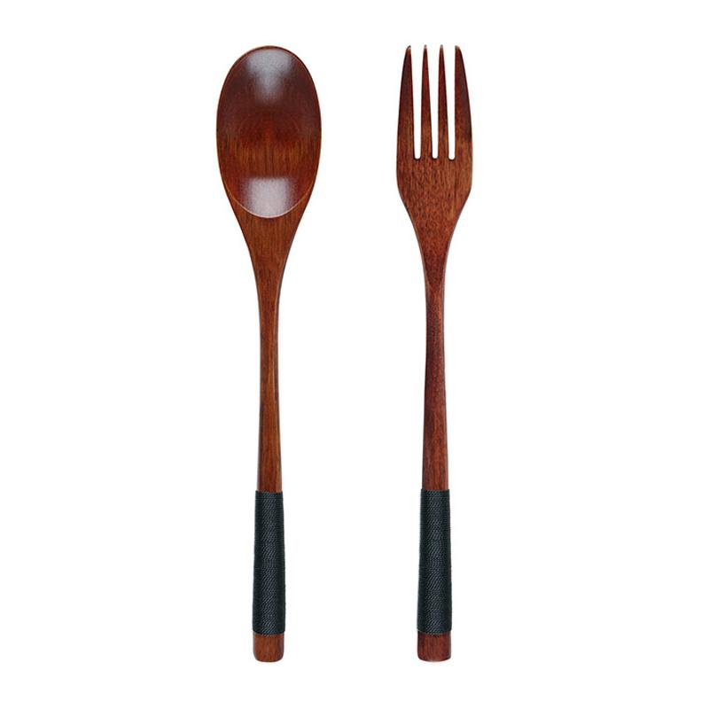 2Pcs Wooden Spoon Fork Dinnerware Set Long Handle Rice Soup Dessert Spoon Japanese Style Dinner Spoon and Fork Set Wood Cutlery
