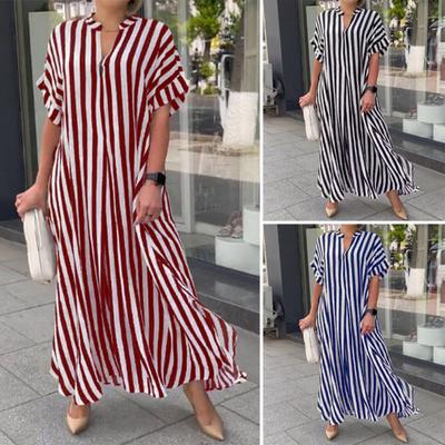 Damenkleid mit Streifenmuster, farblich passendem V-Ausschnitt, kurzen Ärmeln, lockere A-Linie, seitlicher Schlitz, lässiges Maxikleid für den Sommer, langes Kleid