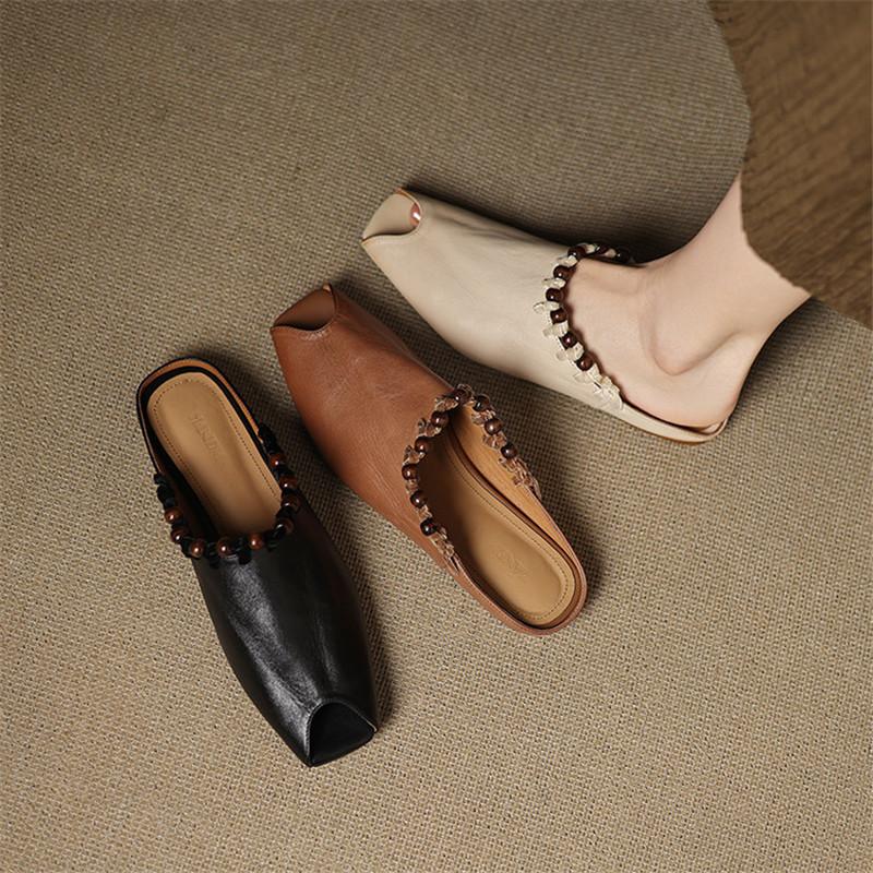 Fashion New Genuine Leather Summer Slippers Open-toe Slippers for Women Fashion Fish Mouth Low Heels Ladies Shoes Flat Shoes Slippers