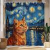 Van Gogh-Inspired Starry Night Cat Shower Curtain - Orange Tabby with Green Eyes Under Starry Sky, Cityscape Reflection