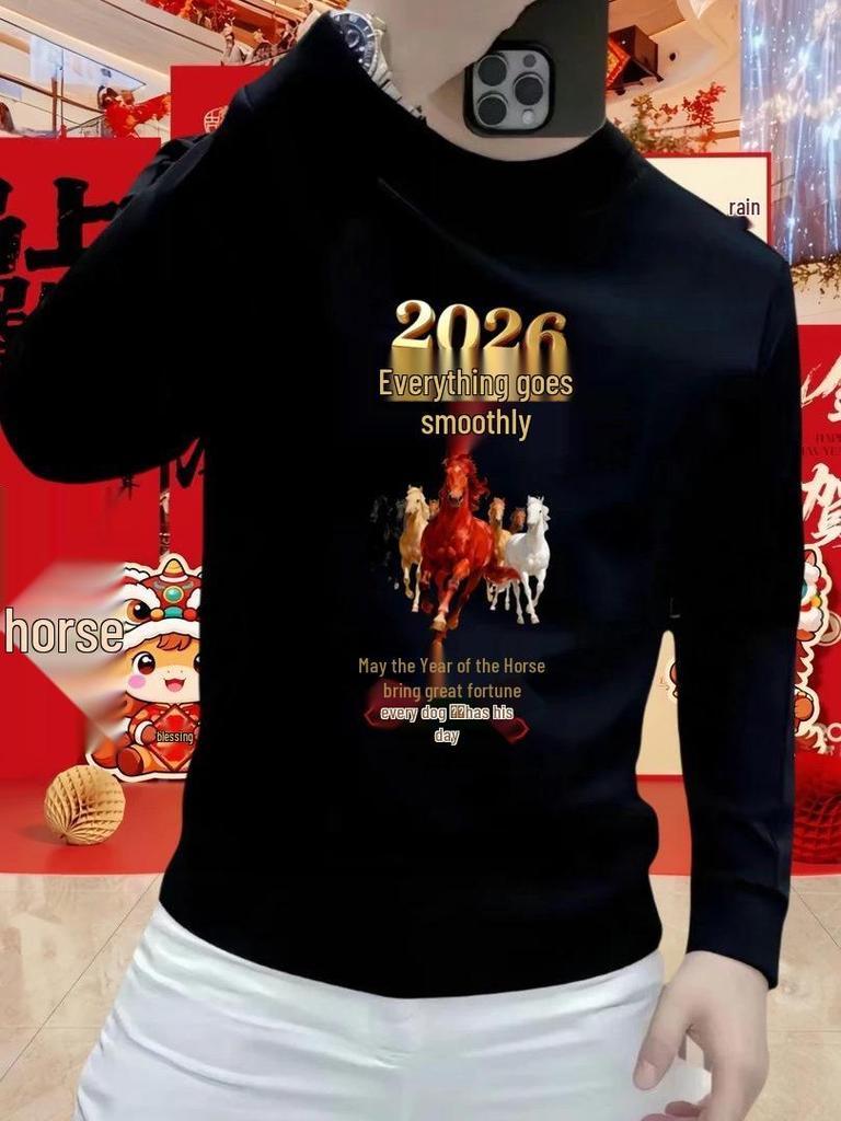 2026 Men's Year of the Horse Crewneck Hoodie: Trendy Winter Velvet Casual Long Sleeve Top