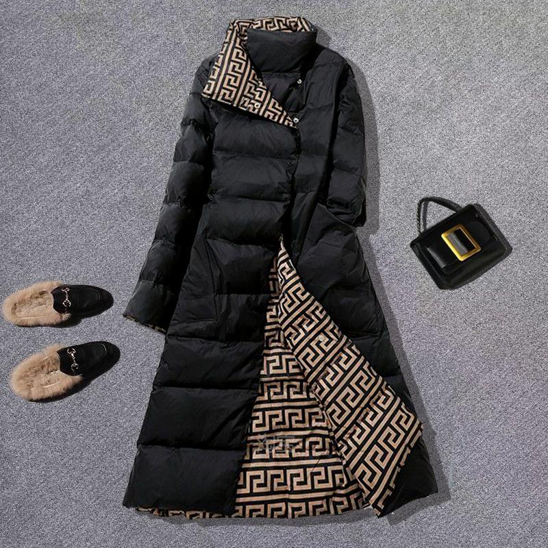2024 Winter New Double-sided Wear Medium and Long Thin Temperament Literary Down Jacket, Stand-up Collar Jacket On Both Sides Women's Clothing