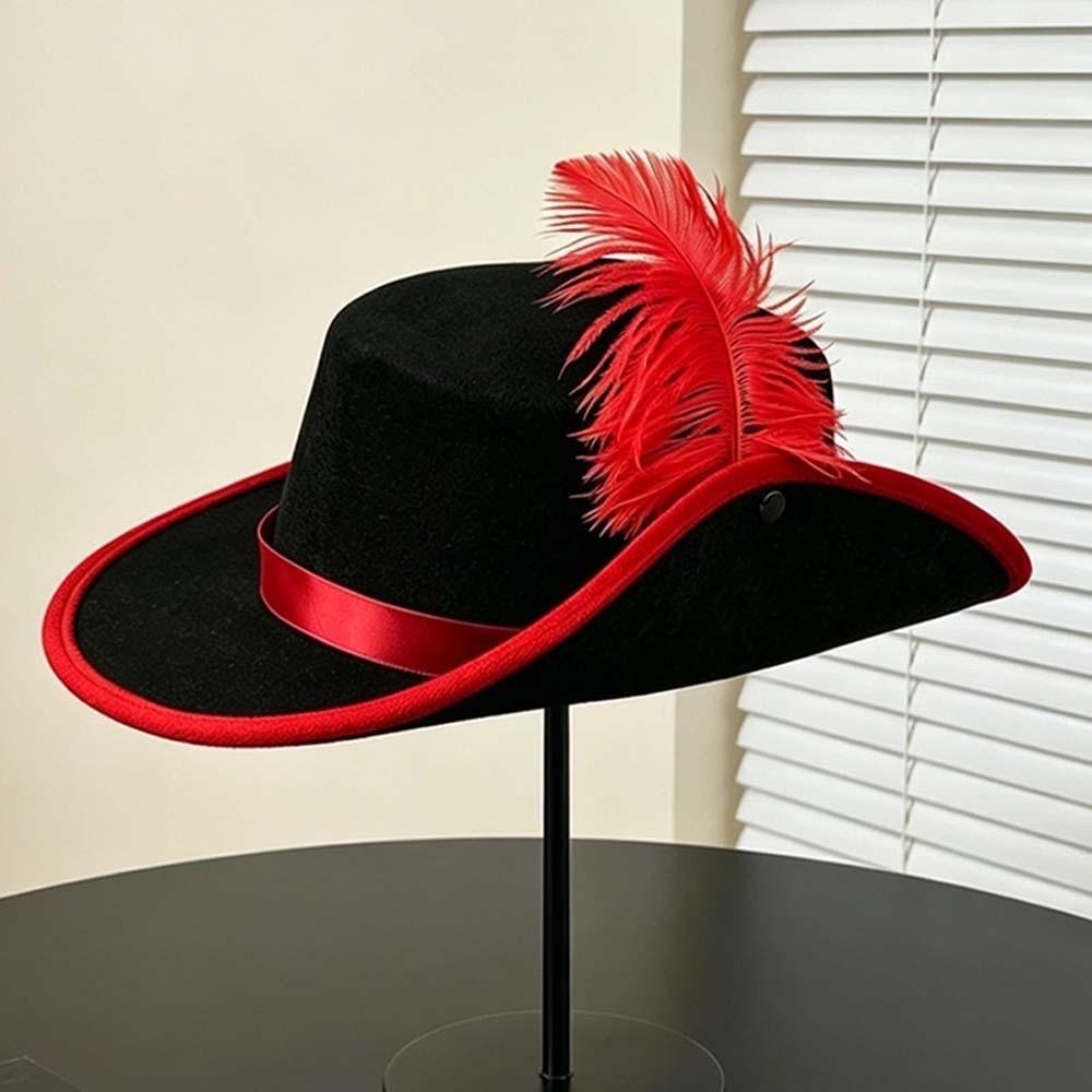 Felt Cavalier Top Hat Artificial Feather Flat Top Feather Stage Cap Retro Style Lightweight Masquerade Headwear Party