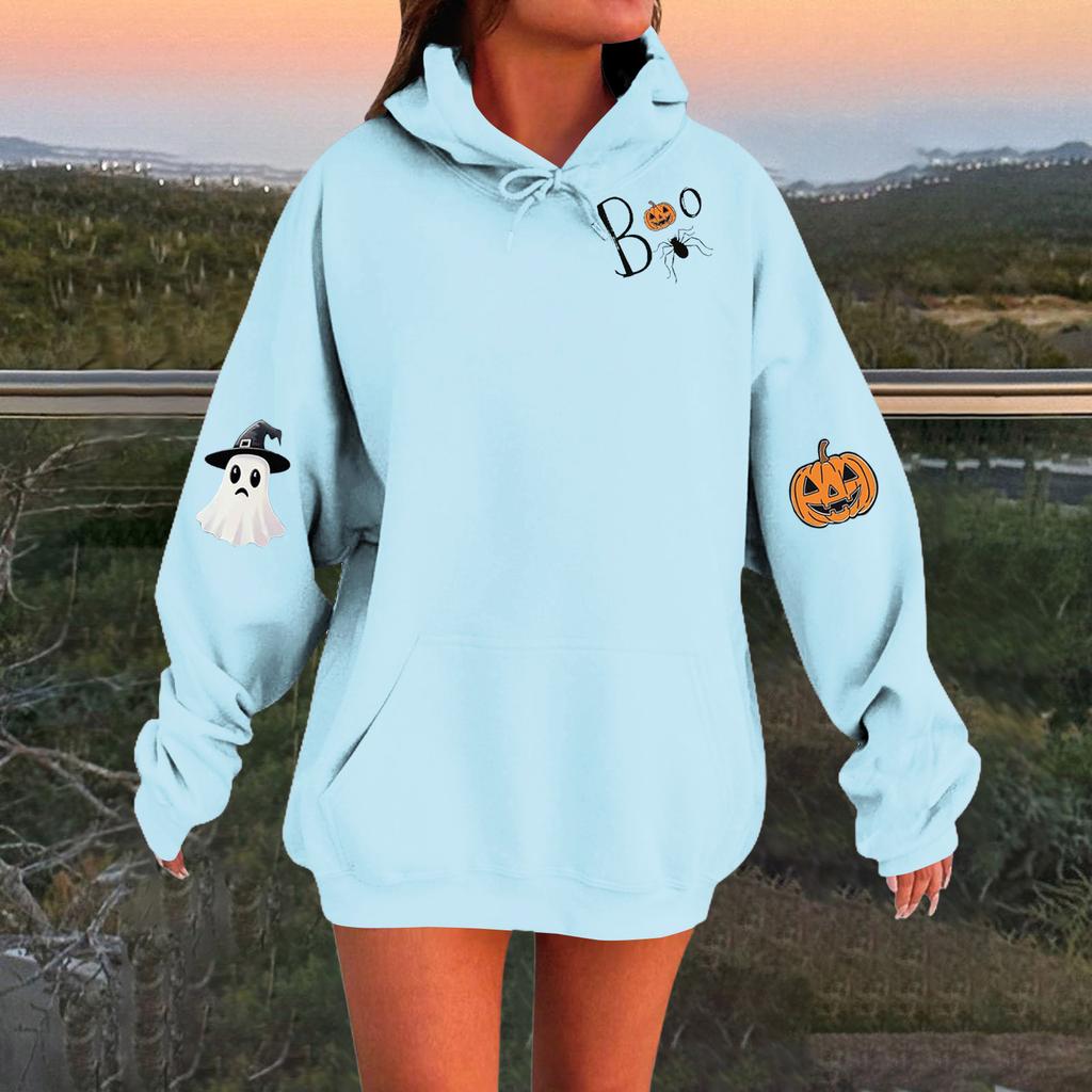 Women's Solid Color Long Sleeve Casual Halloween Print Pullover Hooded Sweatshirt