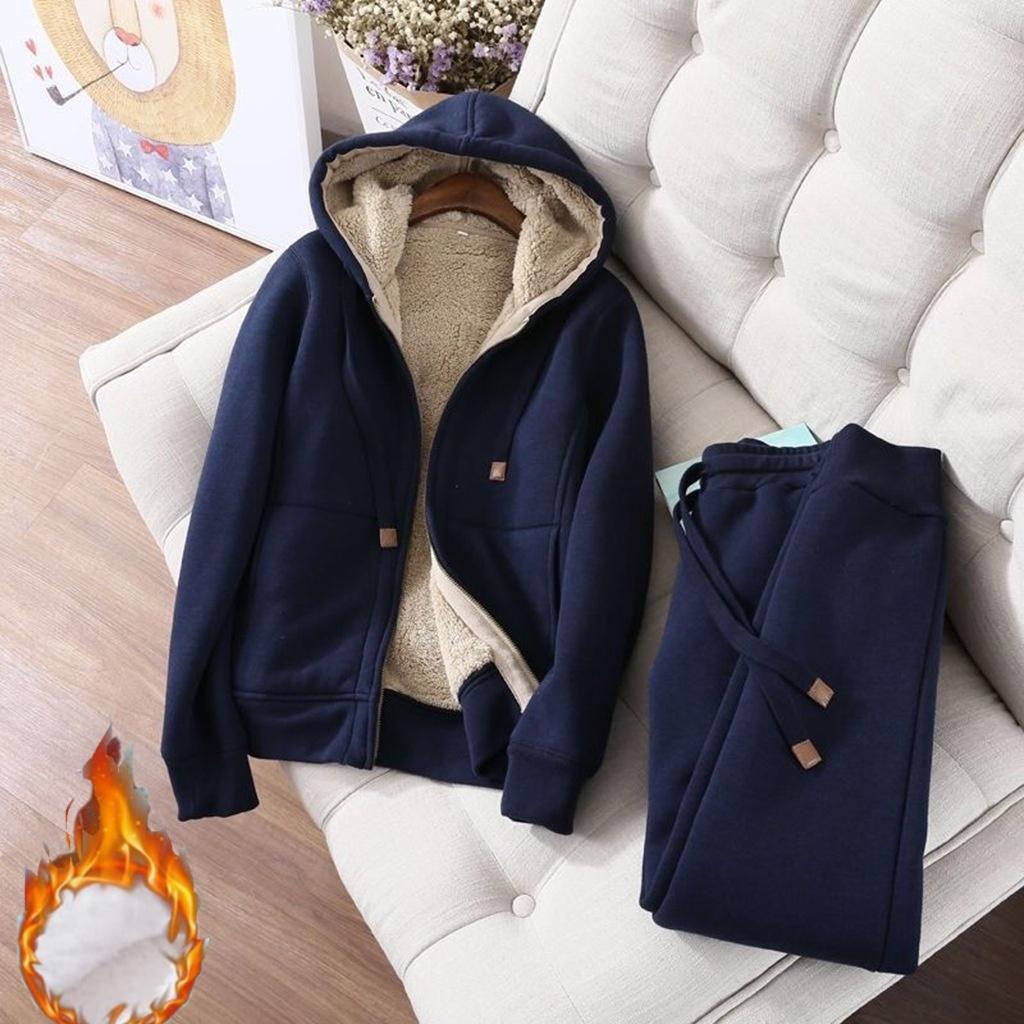 

Плюс бархатный толстый свитер женский модный осенне-зимний костюм с капюшоном женский зимний повседневный спортивный костюм-двойка XL темно-синий