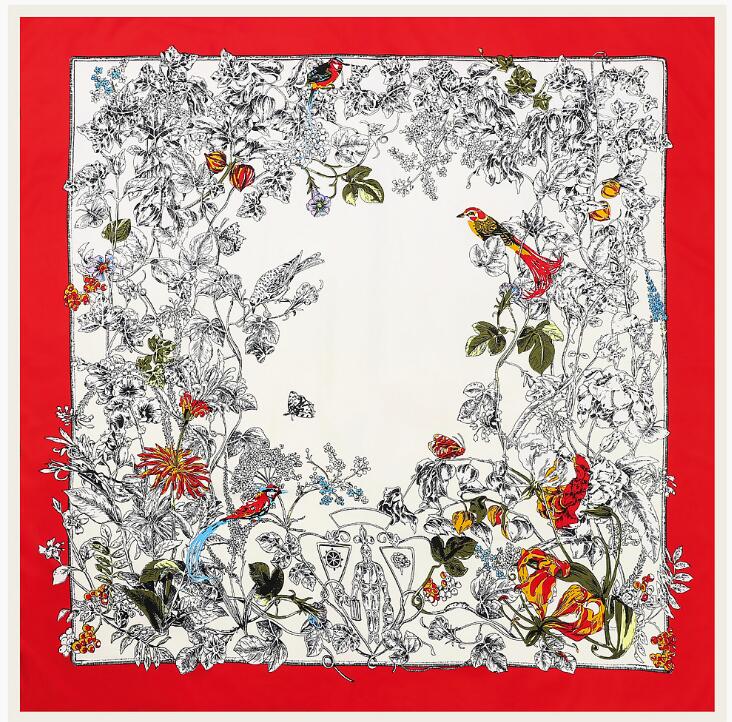 130cm Silk Scarf Women Large Shawls Floral Birds Print Ombre Stoles Square Bandana Luxury Kerchief Scarf Female Foulards