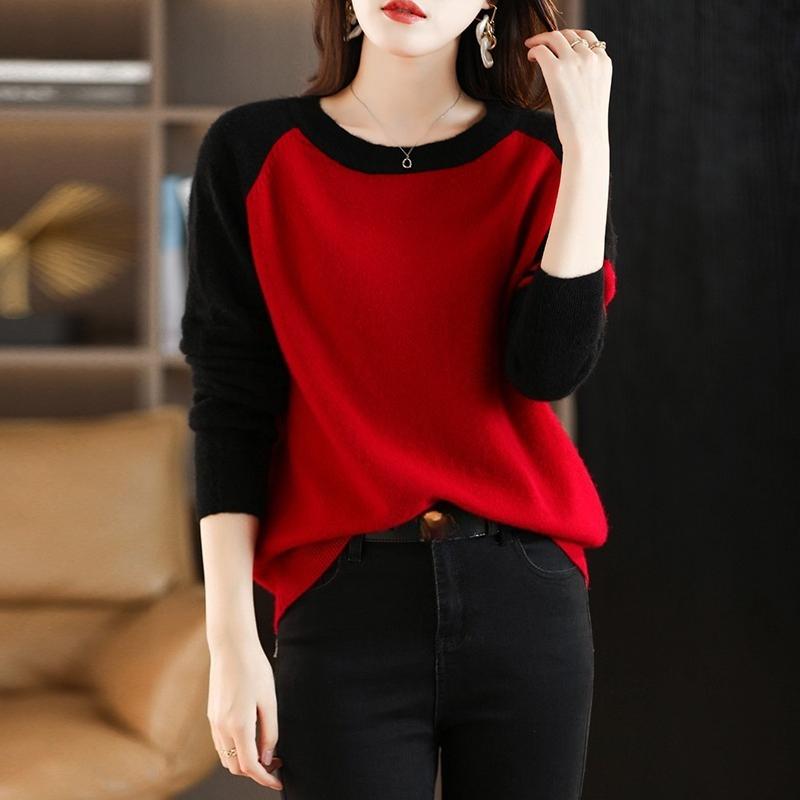 Round-neck Color-blocked Sweater Women's Trendy Loose Knitted Sweater Casual Short Pullover Spring and Autumn