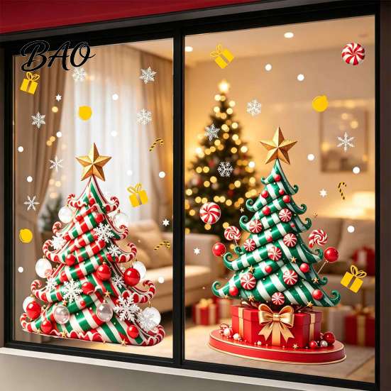 Creative Seasonal Ornaments Christmas Tree Window Decals, Candy Striped Snowflake Wall Stickers, Waterproof Easy Peel Graphics PVC Removable