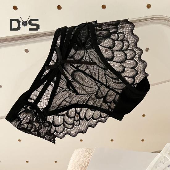 Women's Lace Thongs Low Waist See Through Panties with Bow Sexy Lace Mesh Briefs Ultra-Thin Breathable Bikini Underwear