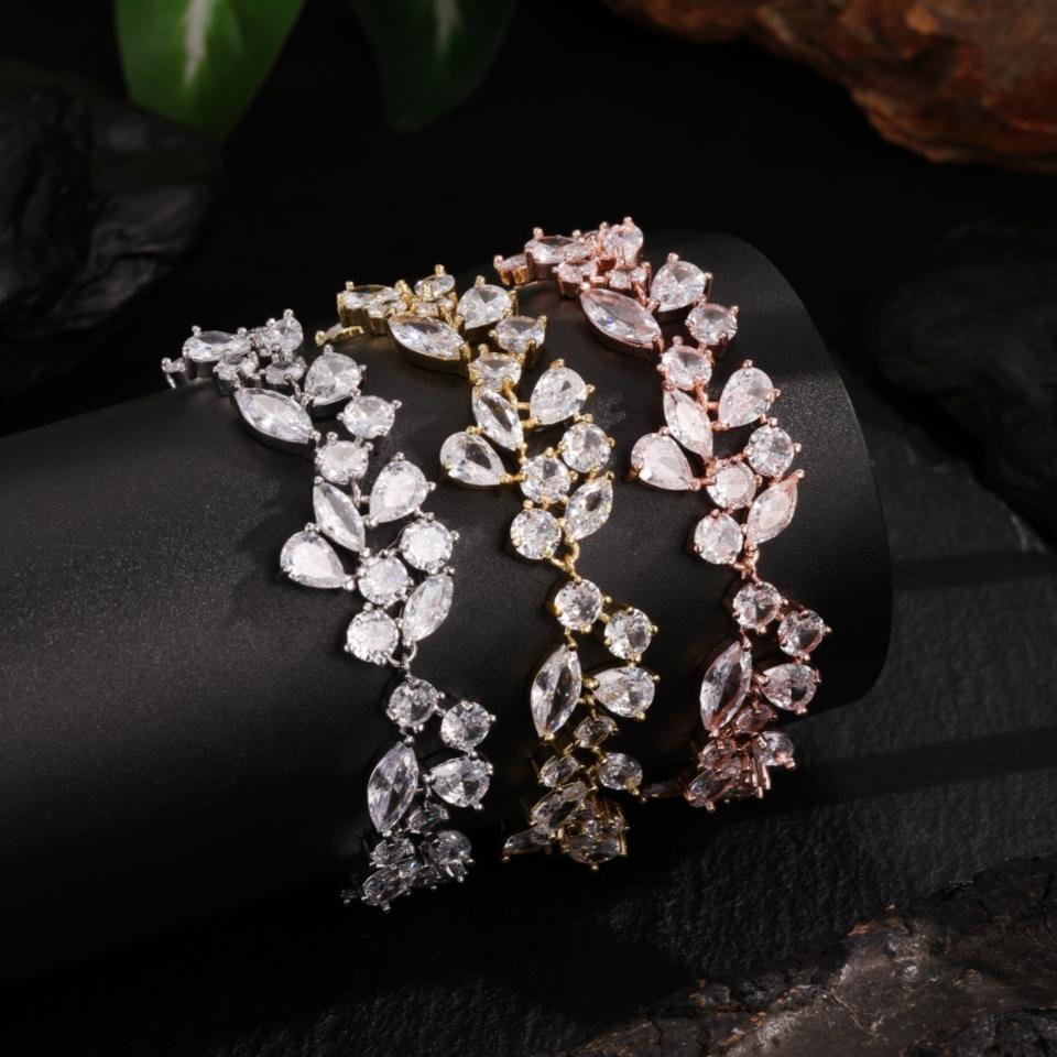 ZAKOL Shiny Marquise Cut Cubic Zirconia Silver Color Leaf Shape Chain Bracelet Bangle for Women Brides Wedding Party Jewelry