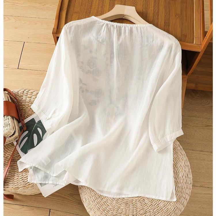 Dámské vintage etnicky vyšívané tričko bavlna len letní krátký rukáv oversized trička trička ležérní volné topy