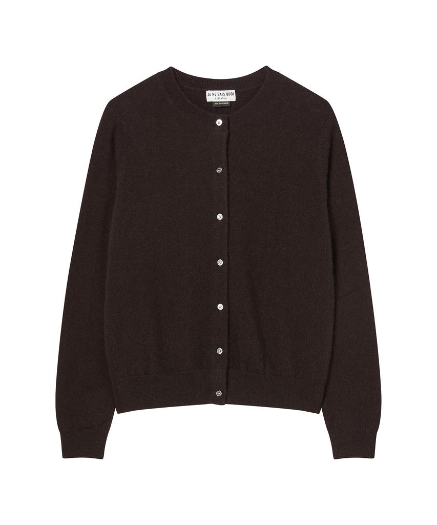 JE NE SAIS QUOI [100% Cashmere] Signature Crew Neck Cashmere Cardigan_ Dark Brown