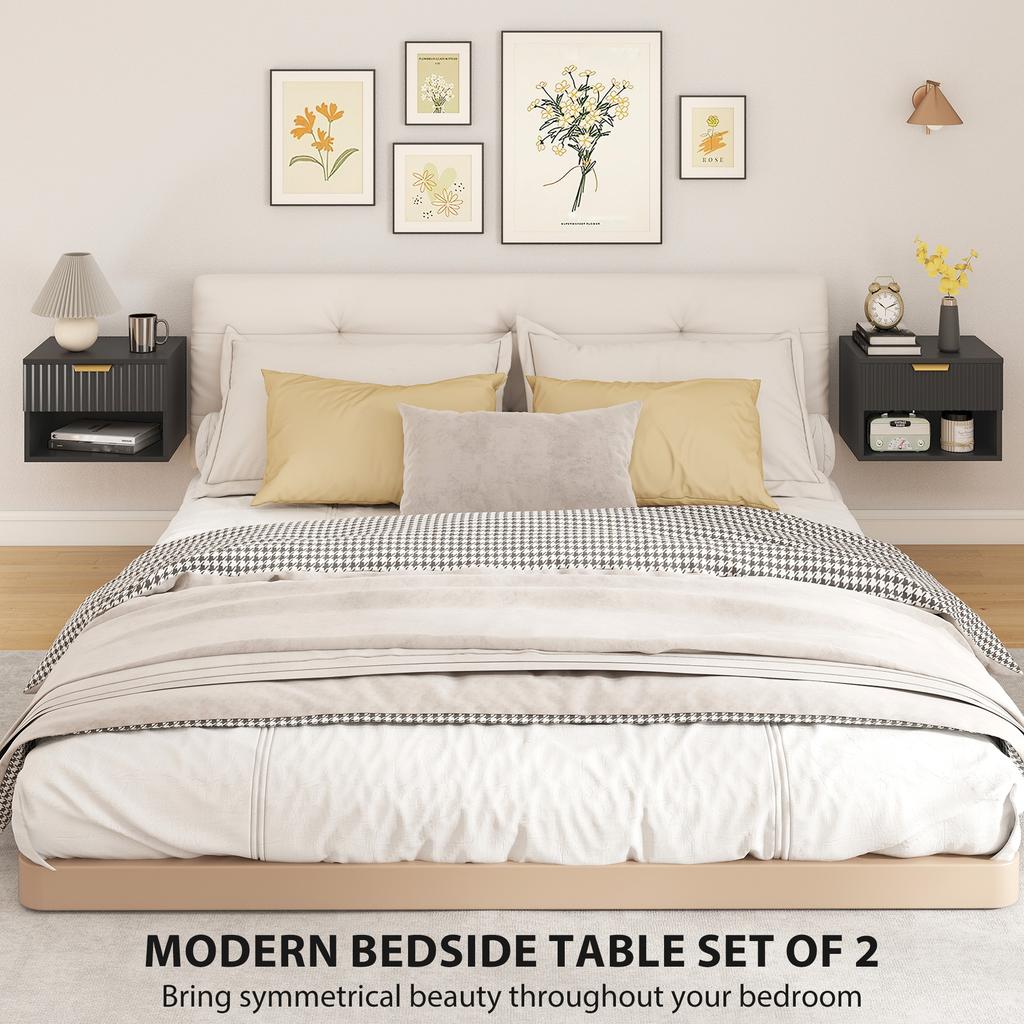 Floating Nightstands Set of 2, Modern Wall Mounted Bedside Tables, Black