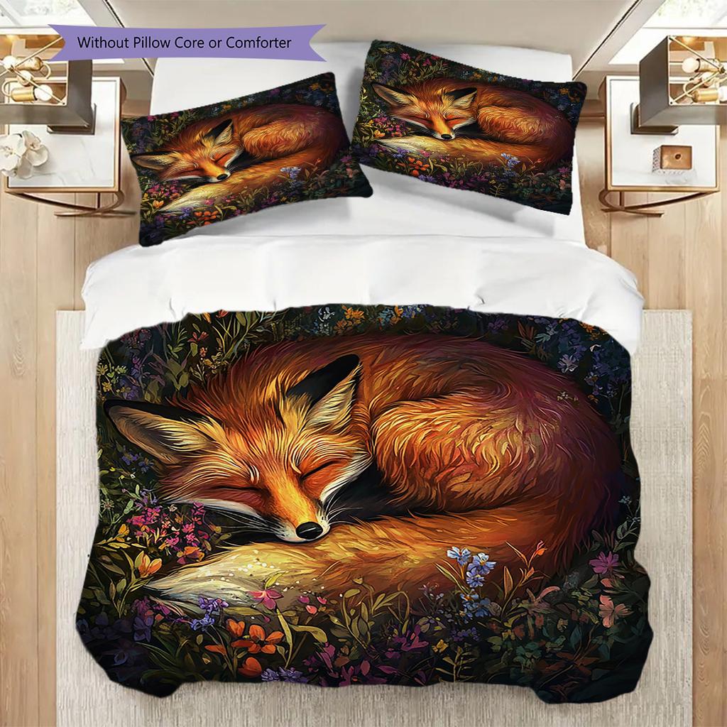 Fuchs-Muster Bettwäsche Steppdecke Set Bettbezug Kissenbezug Heimdekoration Geburtstagsgeschenk (1 Bettbezug + 2 Kissenbezüge, ohne Füllung)
