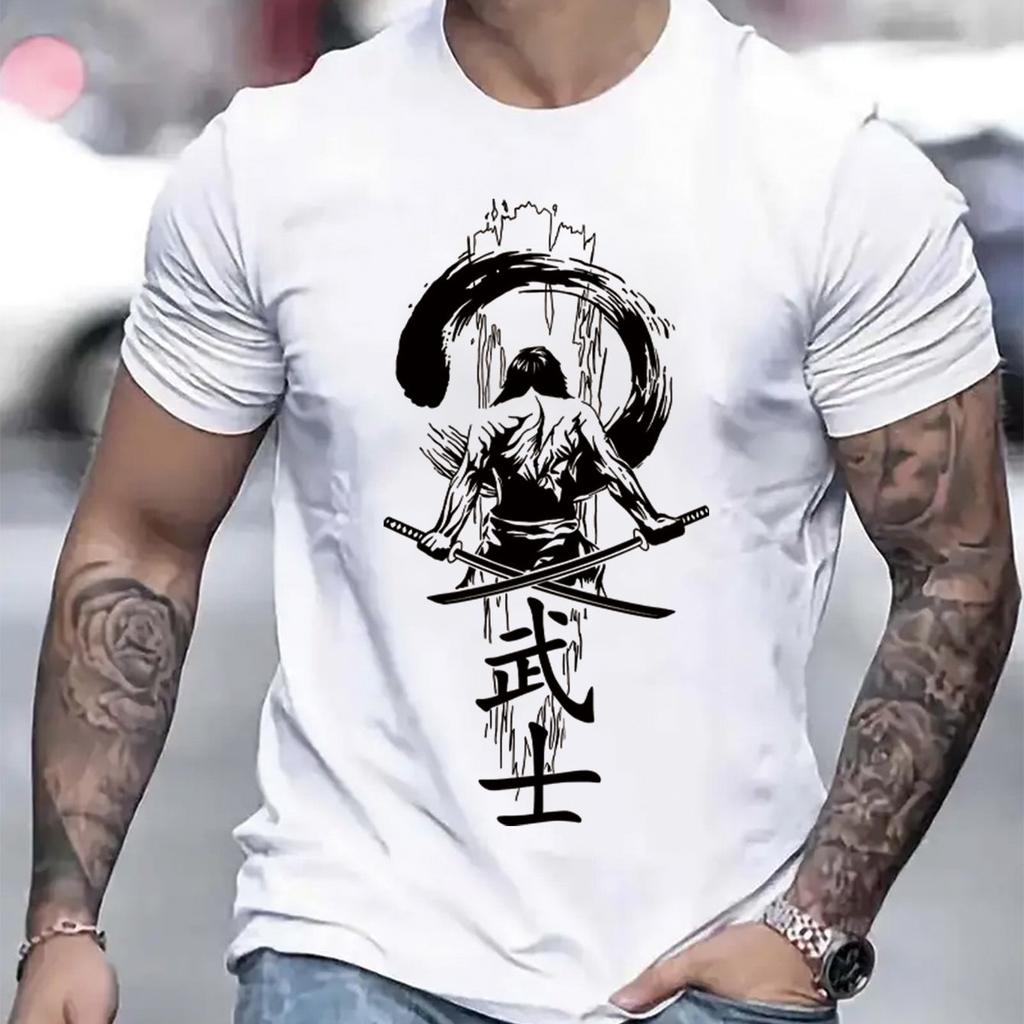 Samurai Warrior Print Mens Cotton Graphic Tee Breathable Casual Short Sleeve TShirt