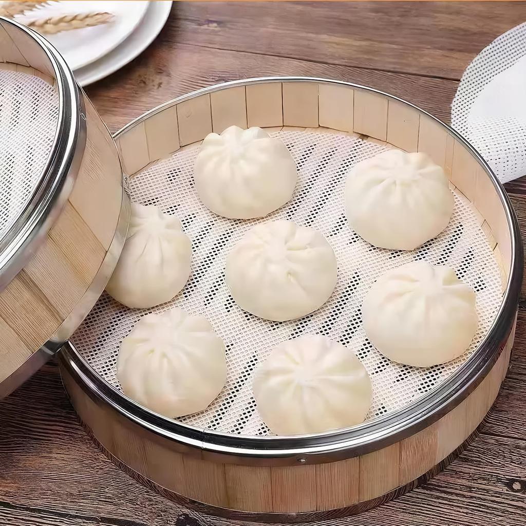 Set mit 5 Silikon-Dampfgareinsätzen Lebensmittelqualität Rund zum Dämpfen von Dim Sum und Gebäck Hitzebeständig und Matten, Antihaft-Tuch, 28cm, Brötchen, Sum, Zubereitung.