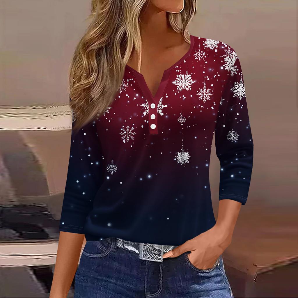 Women's Fashion Casual Christmas Tree Print V-Neck Decorative Button Three-Quarter Sleeve T-Shirt Top