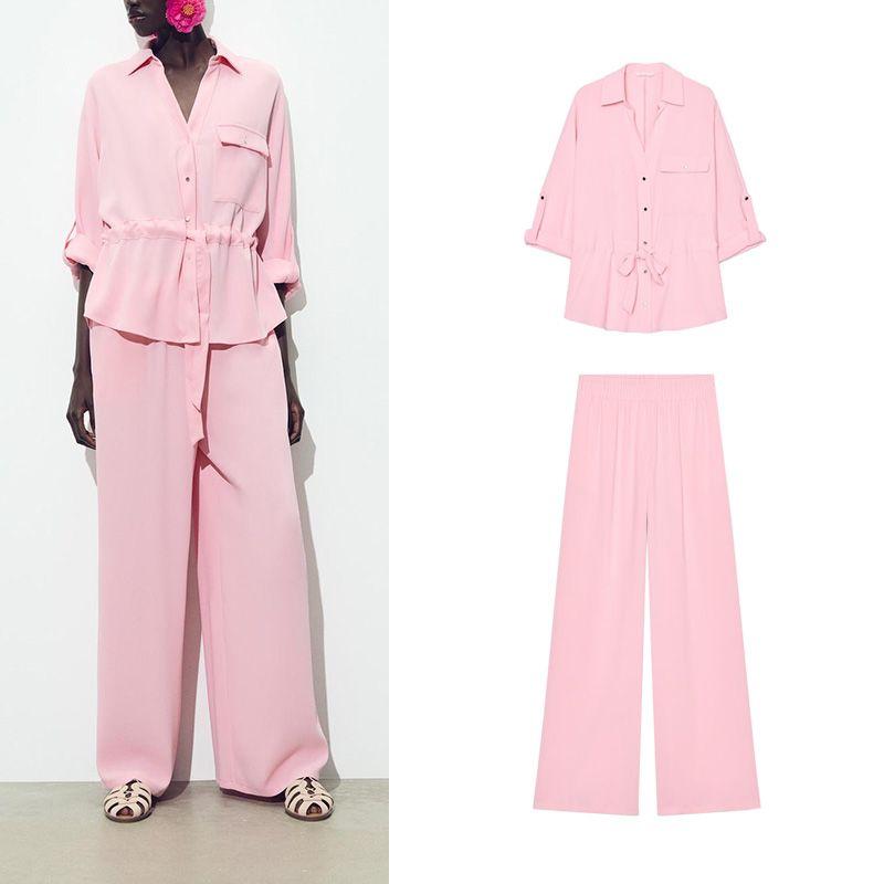Travel Hunting Crepe Lapel Long Sleeve Shirt 3666102 Crepe Wide Leg Casual Pants 2116572