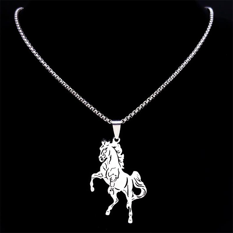 Ästhetische Pferd Tier Halskette für Damen Herren Edelstahl Silber Farbe Glücksbringer Halsband Party Hochzeit Geschenk Schmuck N3224S02