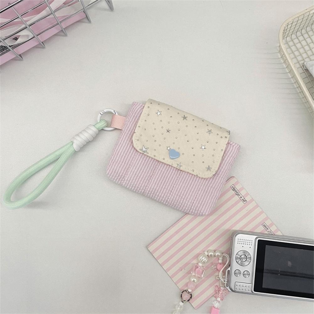 Kawaii Mini Earphone Storage Bag Stripe Snap Button CCD Camera Storage Bag Star Card Key Purse For Women Girls