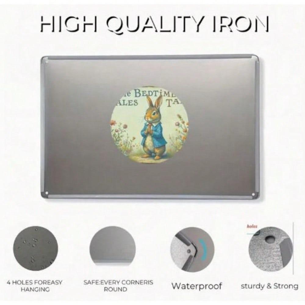 Vintage Rabbit Wall Art Metal Tin Sign Floral Illustration Rustic Home Decor Nursery Bedroom