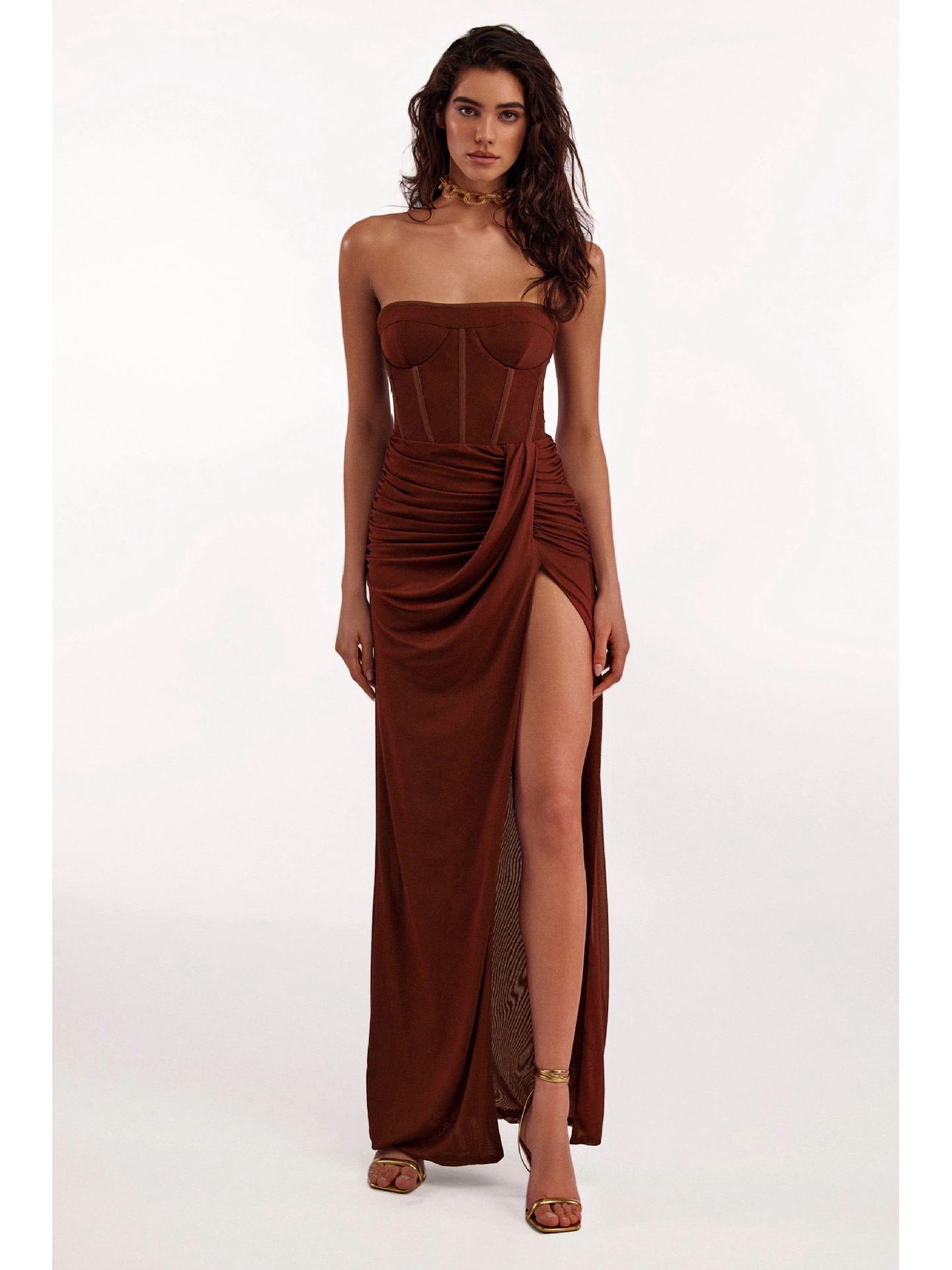 Elegant European and American Backless Tube Top Evening Dress with Slim Fit and Slit Hem Extra Small