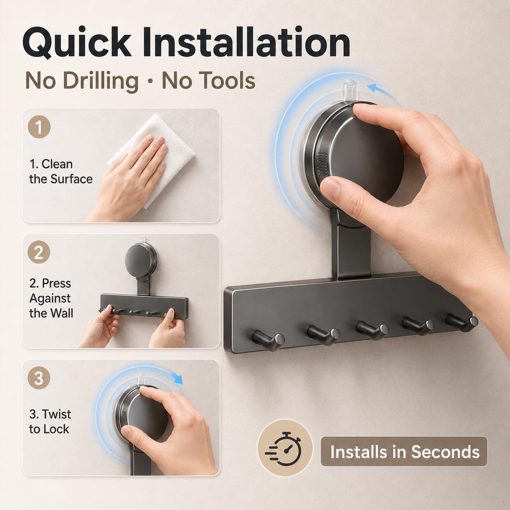 Suction Cup Wall Hook Rack No Drilling ABS Waterproof 3/5 Hooks for Kitchen Bathroom Towel Utensil Storage