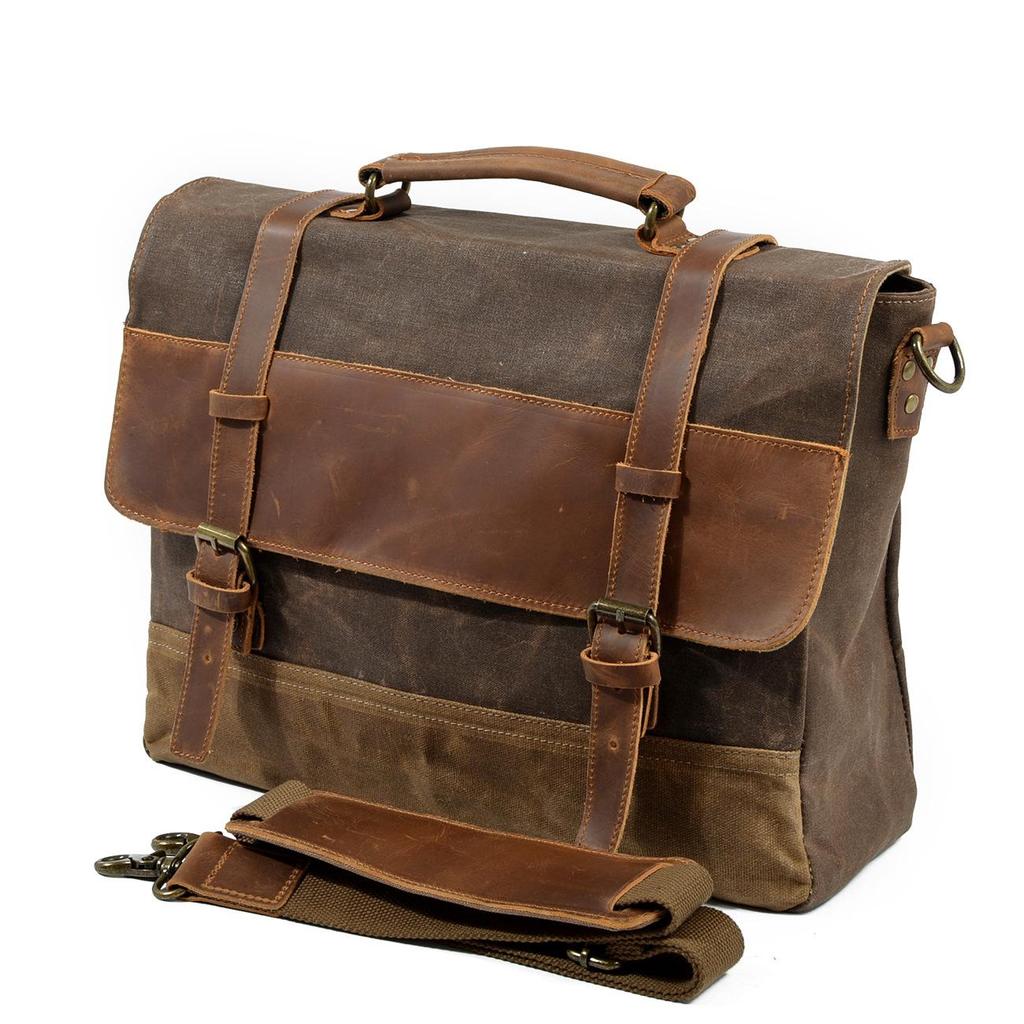 Men's Retro Waterproof Cowhide & Waxed Canvas Briefcase - European & American Shoulder Crossbody Bag