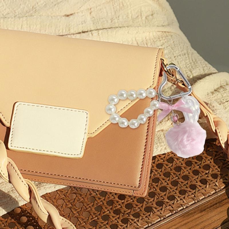 Elegant Pearls Pompoms Wing Keychain Winter Stylish Bag Charm Phone Ornament Fashion Accessory Gift For Her