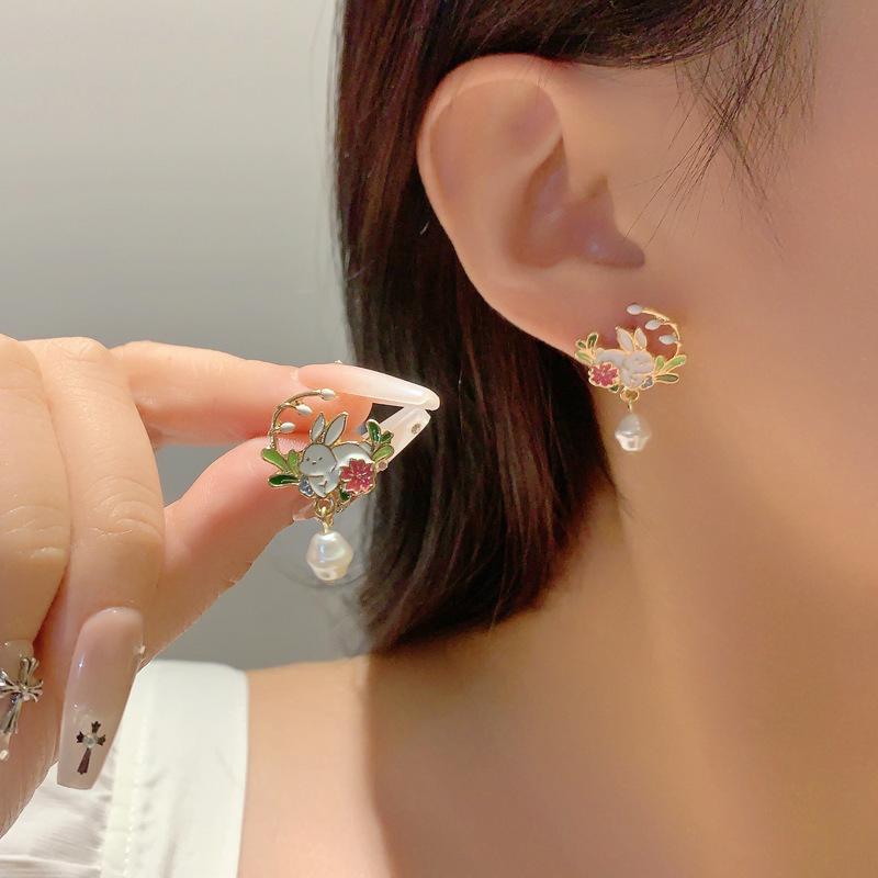 China-Chic Bamboo Panda Pearl Tassel Earrings for Women Girls Cute Asymmetric Plant Potted Cactus Drop Earrings Jewelry Gifts