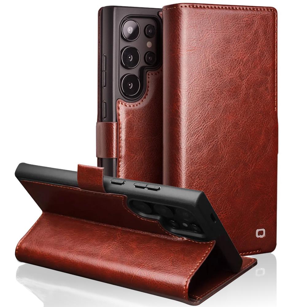 Samsung Galaxy S25 Ultra Flip Hoesje, QIALINO Lederen Portemonnee, Donkerbruin