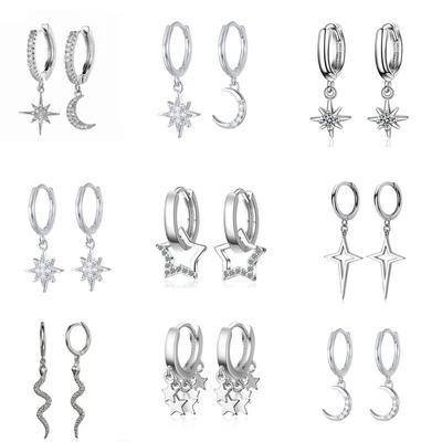 925 Sterling Silber Piercing Stern Mond Charme Hoop Ohrring Für Frauen Mädchen Party Hochzeit Schmuck Neue A005