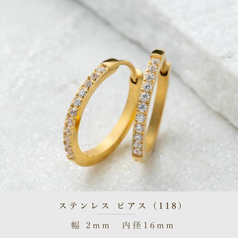 [mico.lor] Stainless Earrings (118) Inner Diameter 16mm Hoop Earrings Zirconia Smaller Ladies Surgical Stainless Steel 316L Compatible with Metal