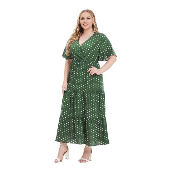 Robe Femme Grande Taille Col V Manches Courtes Volants Empiècement Ourlet Fluide Robe Midi Imprimé Pois Robe Formelle Tenue Quotidienne