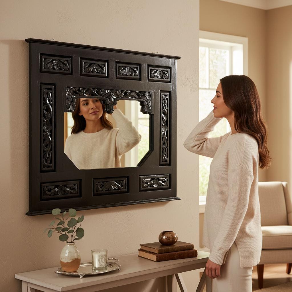 Hand-Carved Solid Wood Wall Mirror with Floral Motifs Black Finish Carved Style Decorative Frame With Glass Mirror110x5x90 cm | Mirror