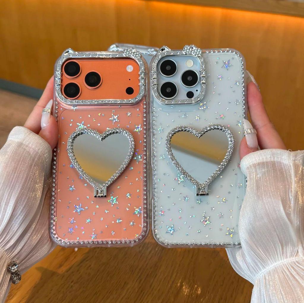 Love Heart Bow Knot Stand Diamond Case for Apple iPhone 16 Pro/17 Pro Max
