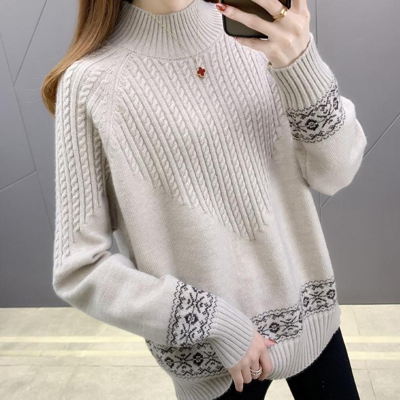 Autumn Winter Women's Half Turtleneck Sweater Loose Thick Pullover Knitted Top Jacquard Elastic Knitted Top Jumper.