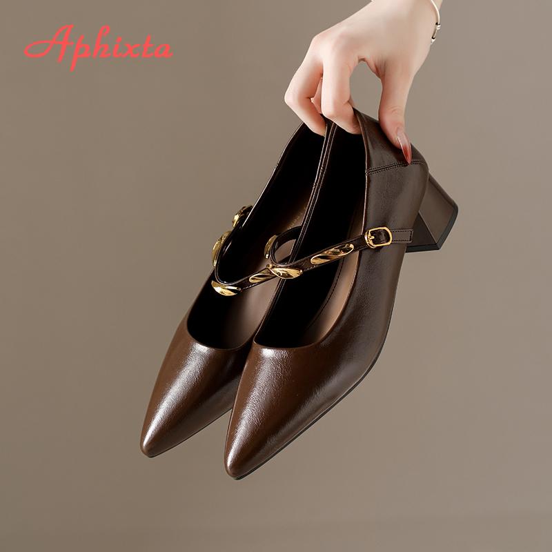 Aphixta High Quality 4cm Mid- Heel Pumps Pointed Toe Metal Buckle Women's Mary Janes High Heels Elegant Office Ladies Shoes