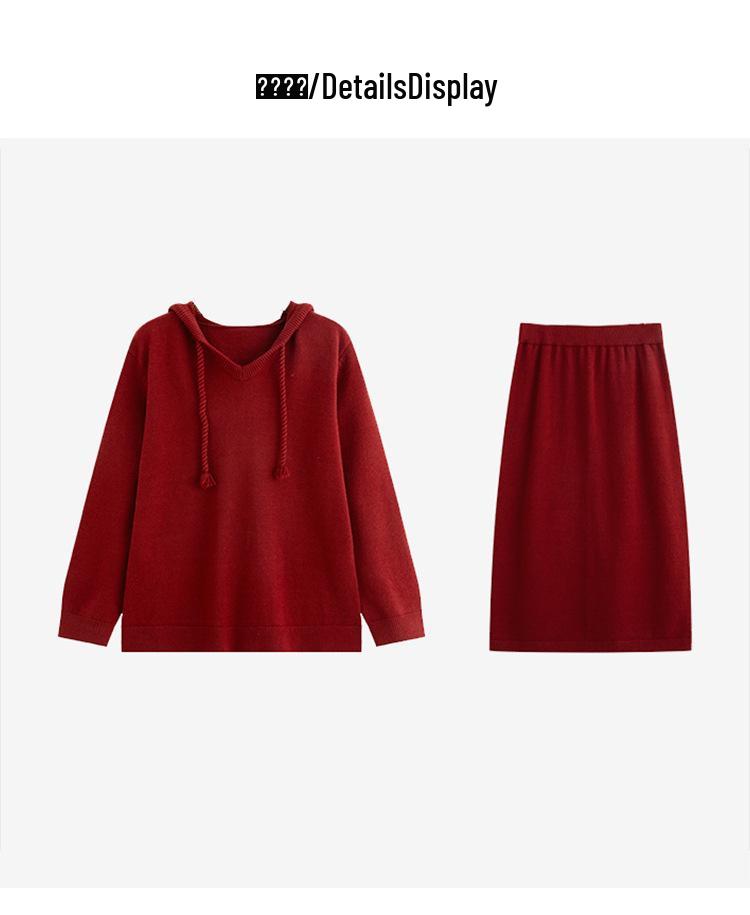 Plus Size V-neck Hooded Sweatshirt & Skirt Two-Piece Set - 2025 Winter Casual Knitwear for Women